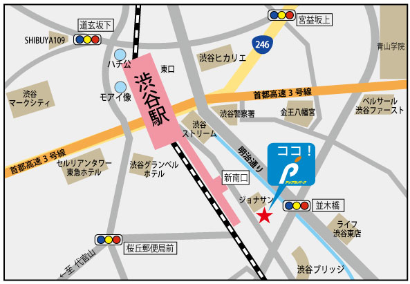アップルパーク渋谷3丁目第1駐車場の地図。渋谷駅からのルートが分かります。